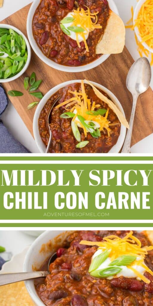 2 photo pin showing, top: 2 bowls full of beef chili con carne on a small wooden cutting board; bottom: small white bowl full of chili con carne with a dollop of sour cream, chopped green onions and shredded cheese on top