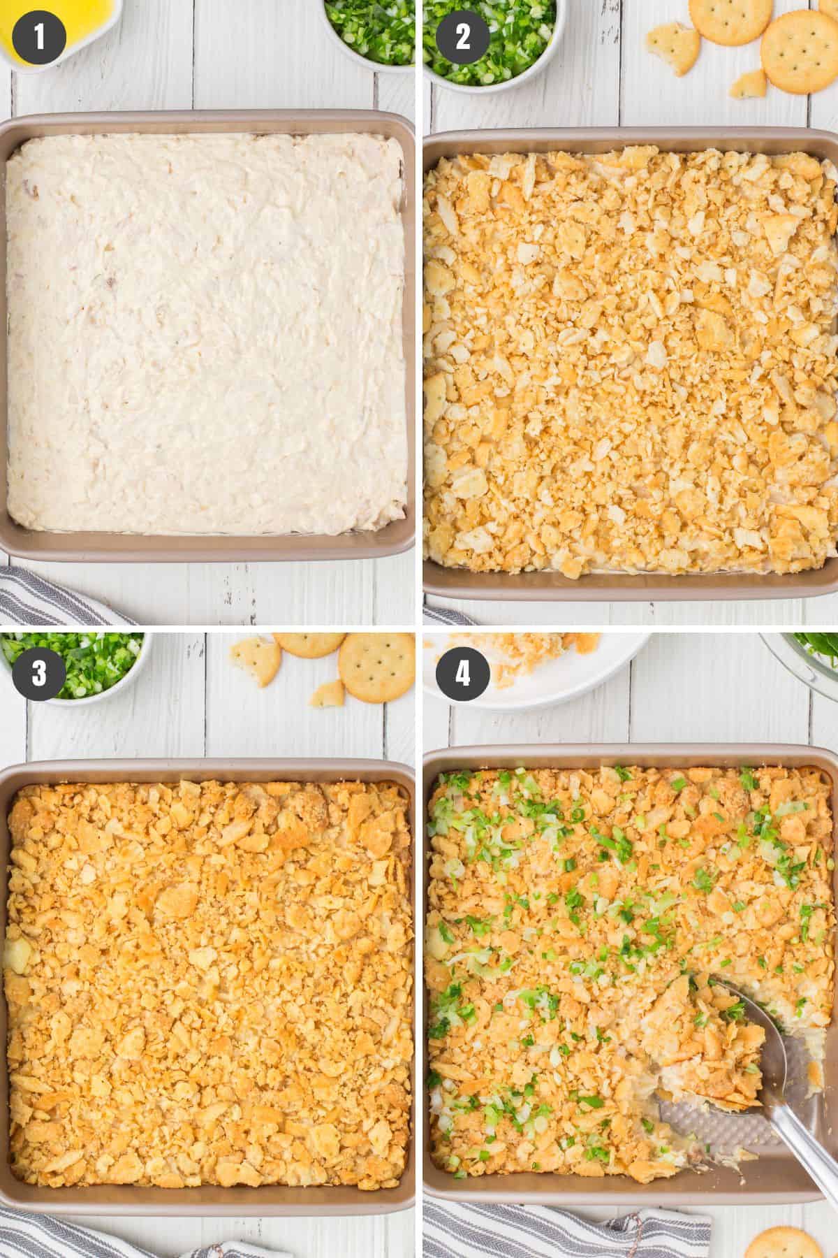 4 step photo collage showing how to make chicken casserole with Ritz casseroles