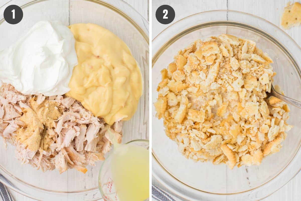 2 photo pin showing how to make Ritz chicken casserole with a Ritz topping