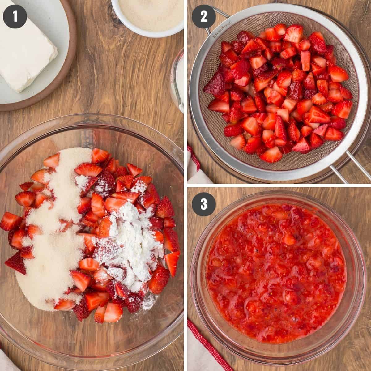 3 step photo collage showing how to macerate the strawberries to make strawberry cheesecake ice cream with fresh strawberries