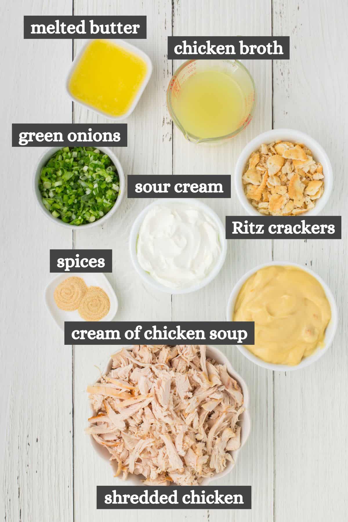 Ritz chicken casserole ingredients lined out on a white countertop