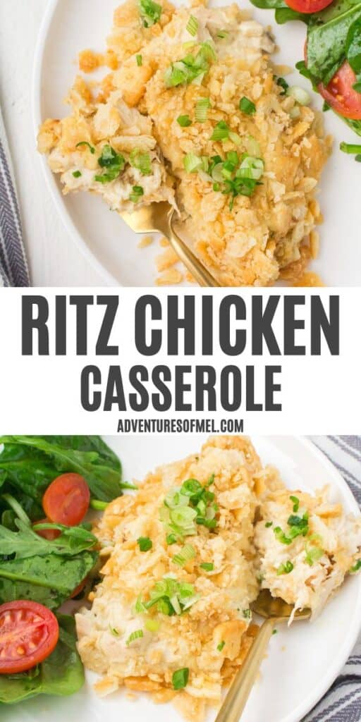 2 photo pin showing Ritz chicken casserole on a small white plate with a small salad on the side