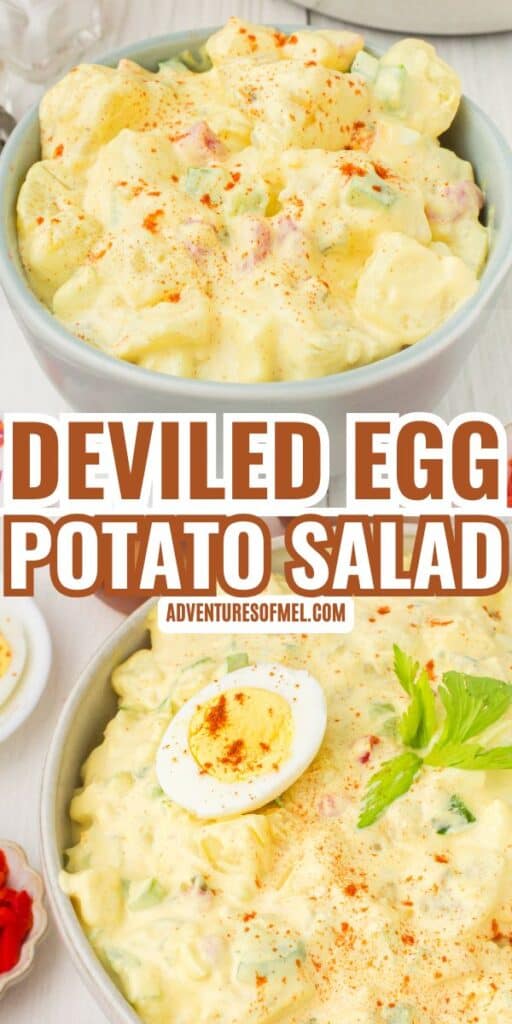 2 photo pin showing, top: deviled egg potato salad served up in a small gray bowl; bottom: deviled egg potato salad in a small gray bowl with a boiled egg on top and fresh celery leaves for garnish