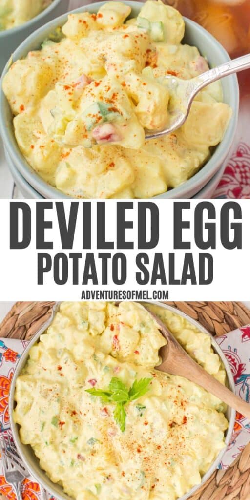 2 photo pin showing, top: closeup of a heaping forkful of deviled egg potato salad over a small gray bowl; bottom: deviled egg potato salad in a decorative gray bowl with fresh celery leaves on top for garnish