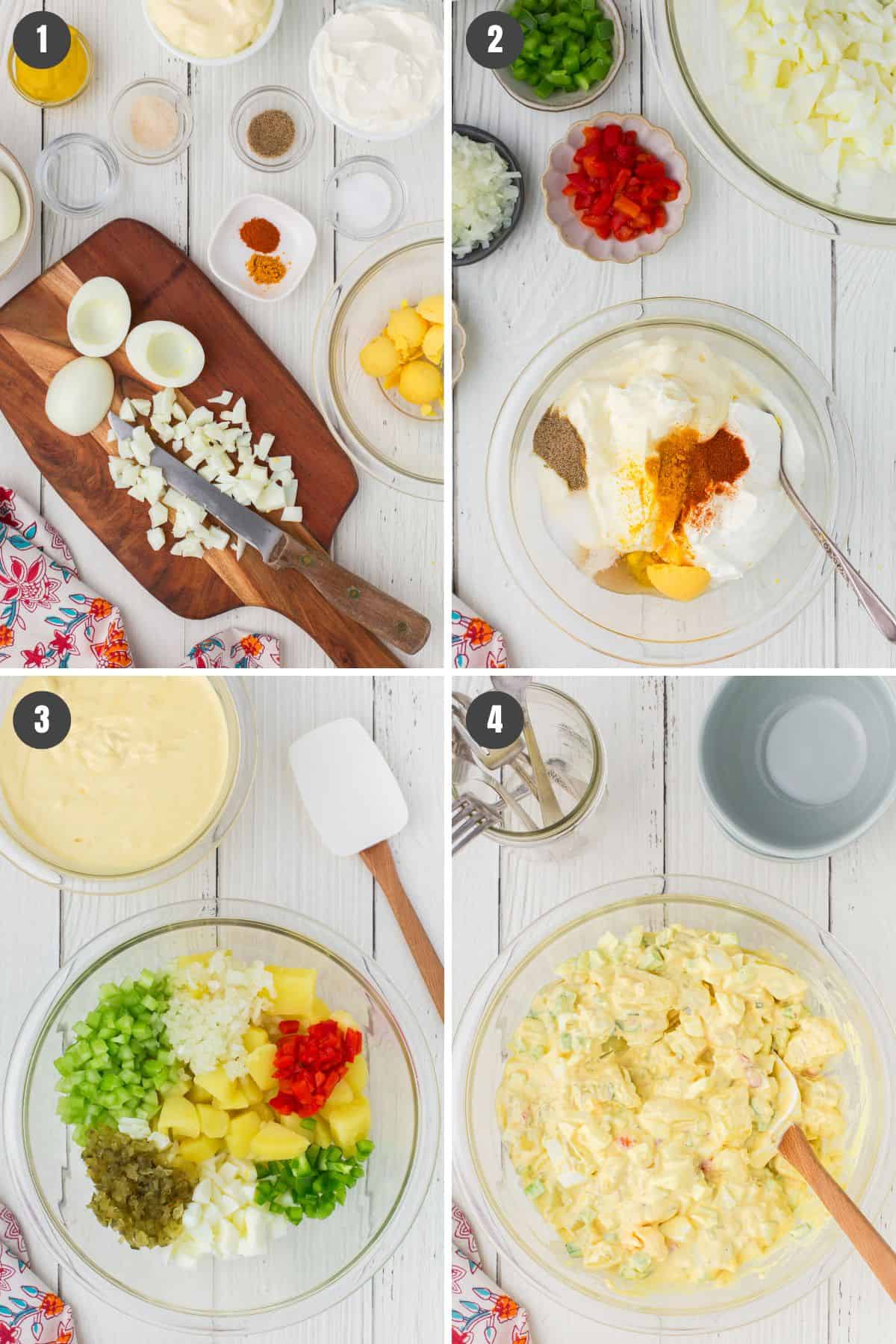 4 step photo collage showing how to make deviled egg potato salad recipe