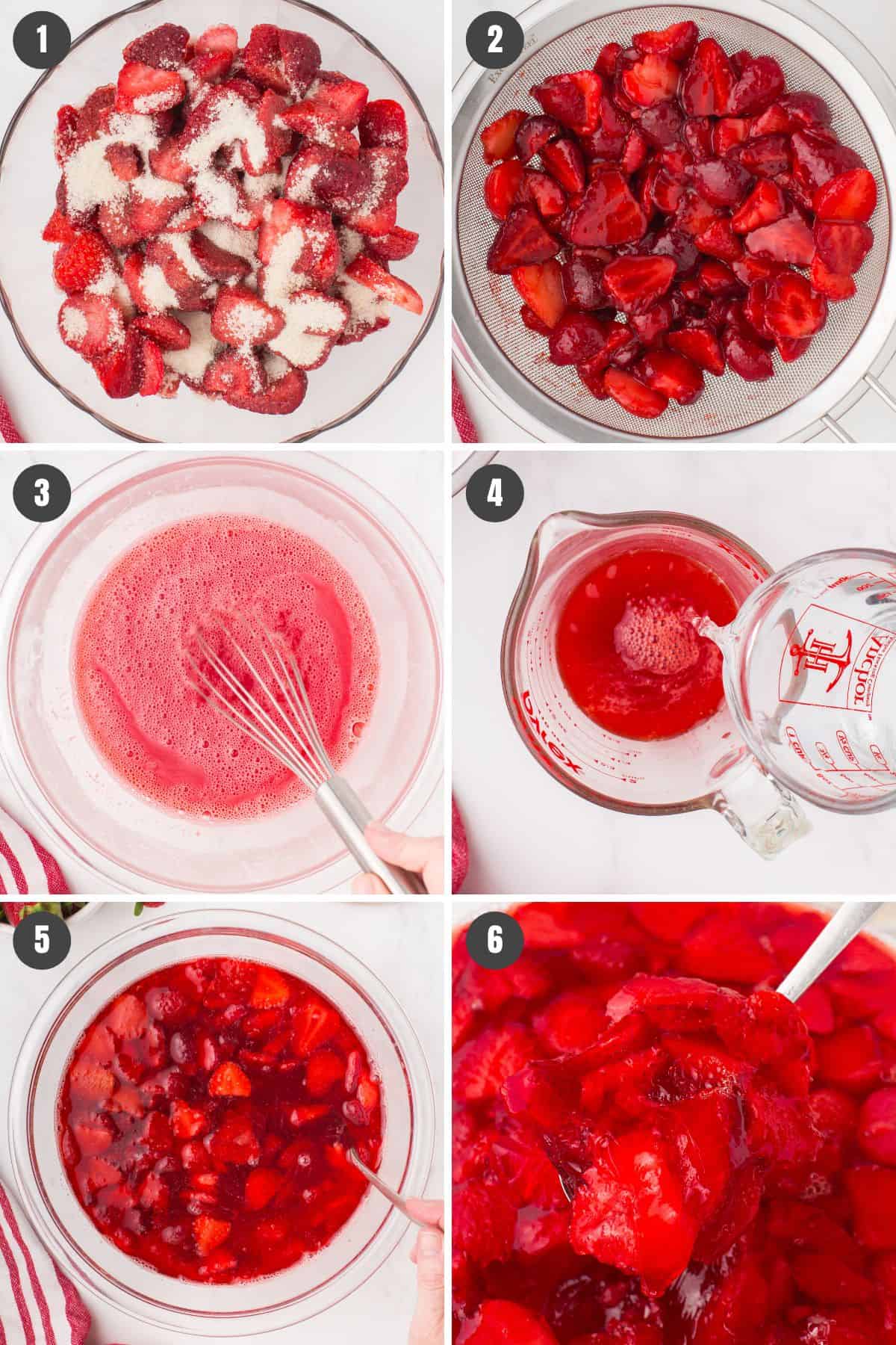 6 step photo collage showing how to make strawberry Jello with strawberries