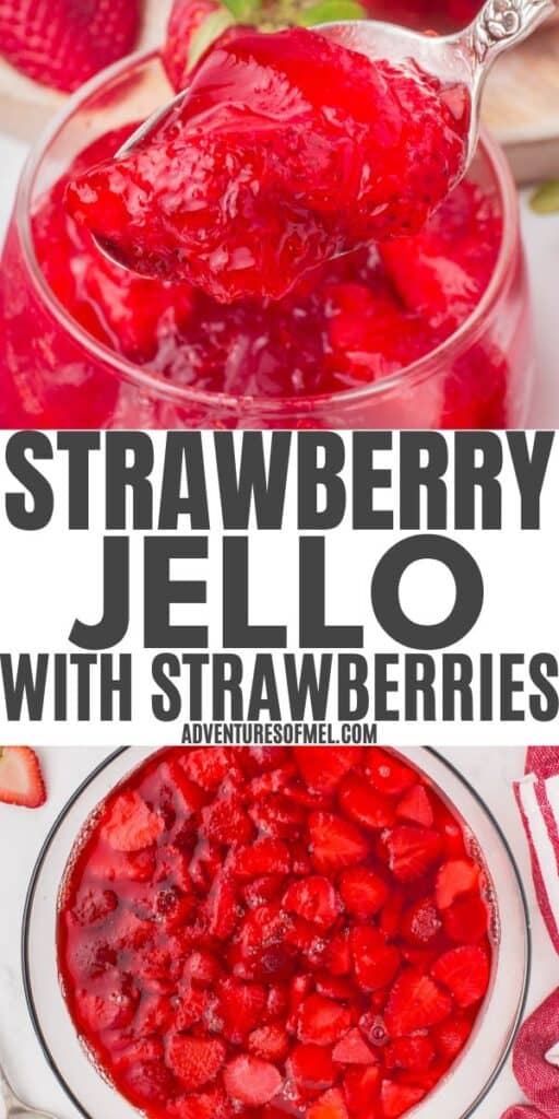 2 photo pin showing, top: spoonful of strawberry Jello with strawberries; bottom: strawberry Jello with frozen strawberries in a large glass mixing bowl