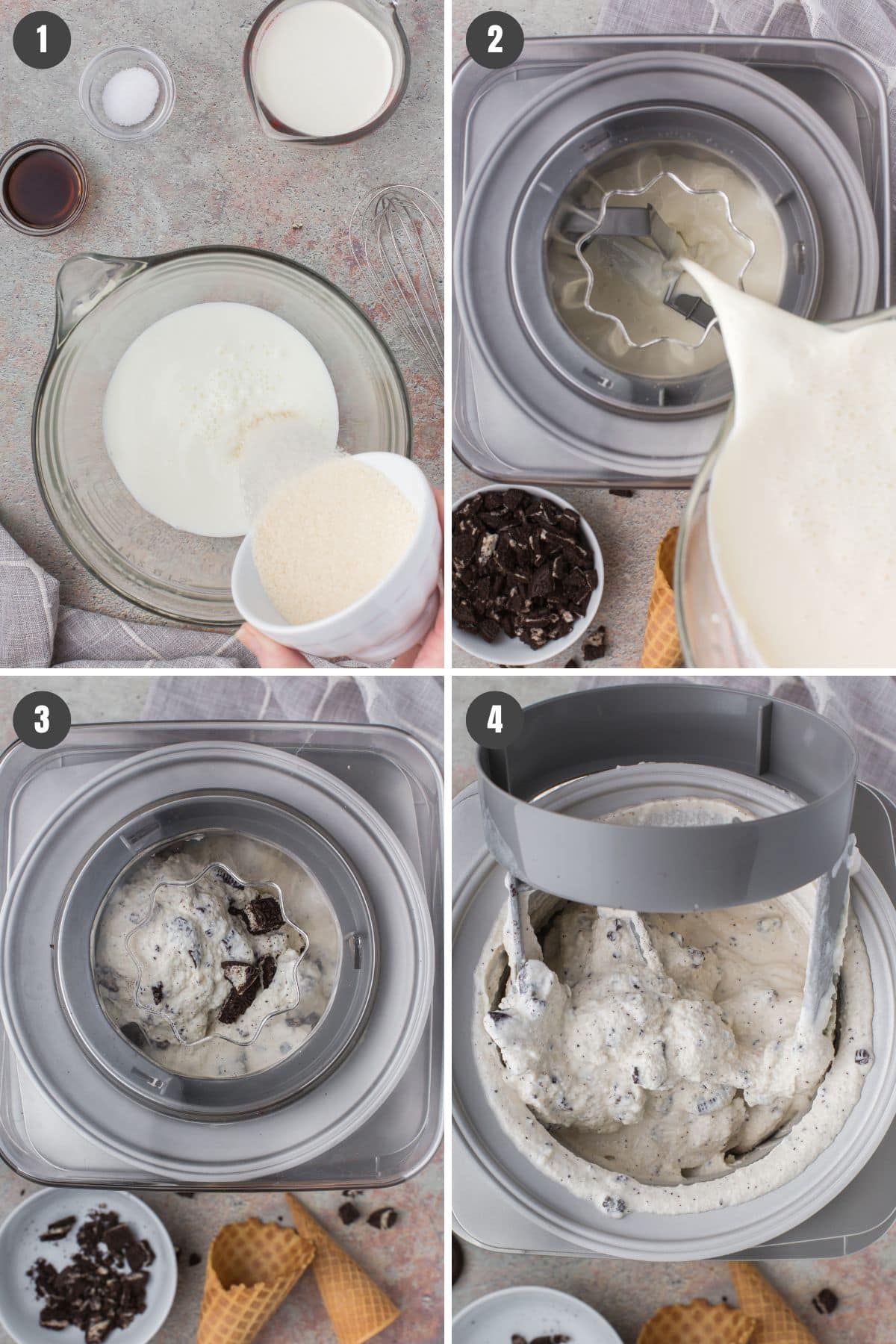4 step photo collage showing how to make cookies and cream ice cream in an ice cream maker