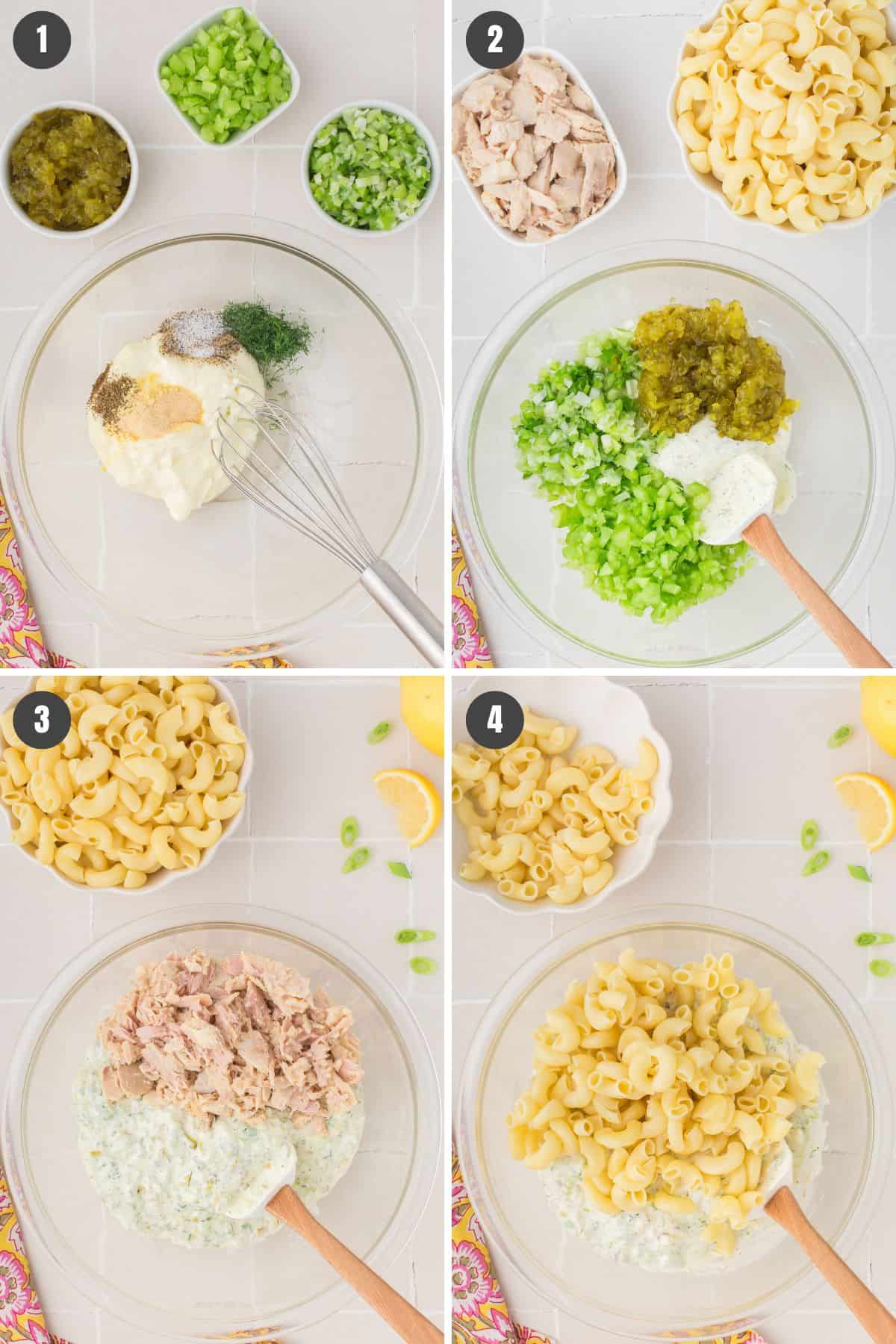 4 step photo collage showing how to make tuna macaroni salad