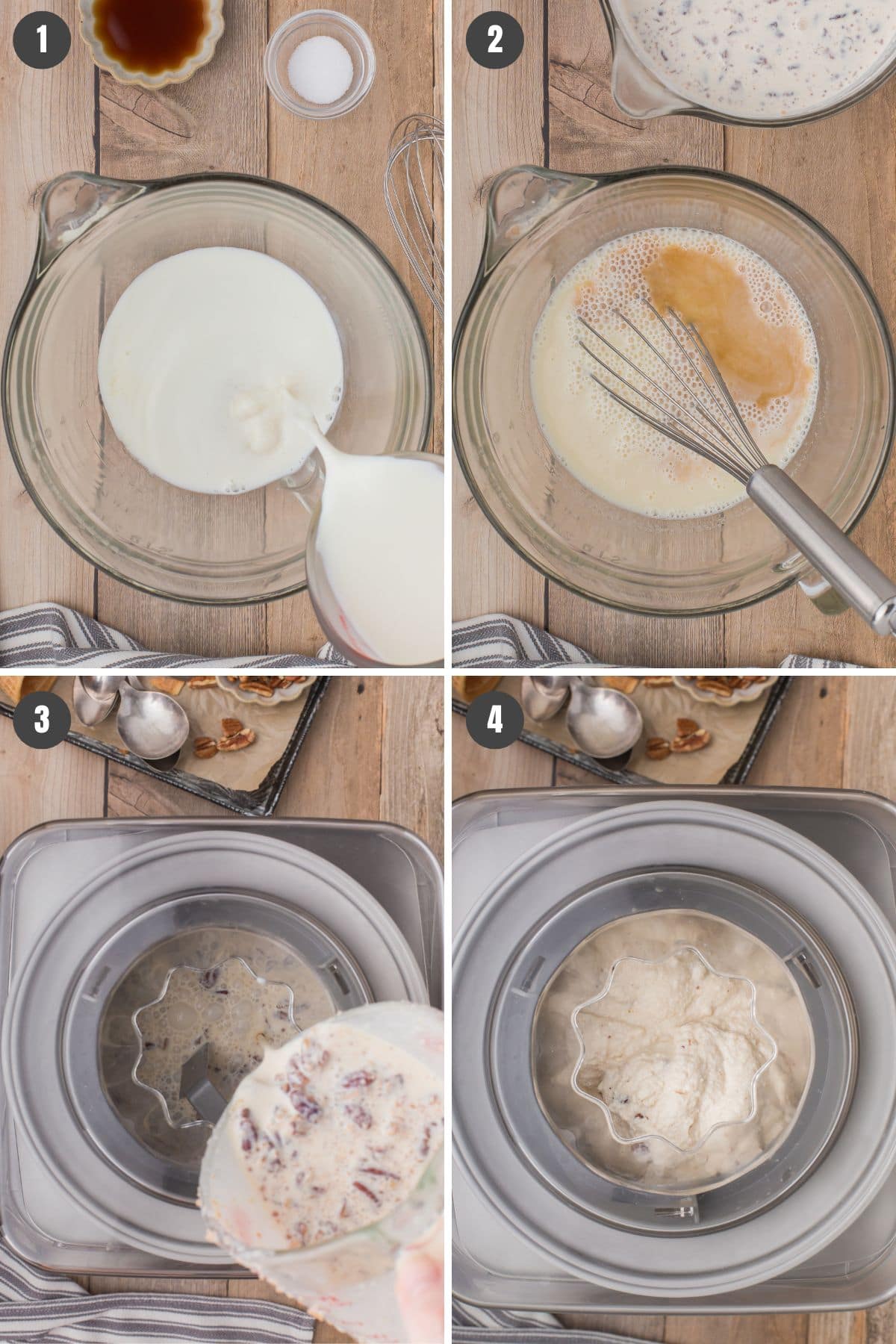 4 step photo collage showing how to make homemade butter pecan ice cream in a churn style ice cream maker