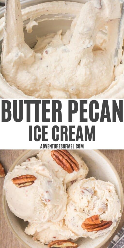 2 photo pin showing, top: closeup shot showing an ice cream maker churn pulled up out of the freezer bowl full of homemade butter pecan ice cream; bottom: scoops of homemade butter pecan ice cream in a small white bowl with chopped pecans on top as a garnish