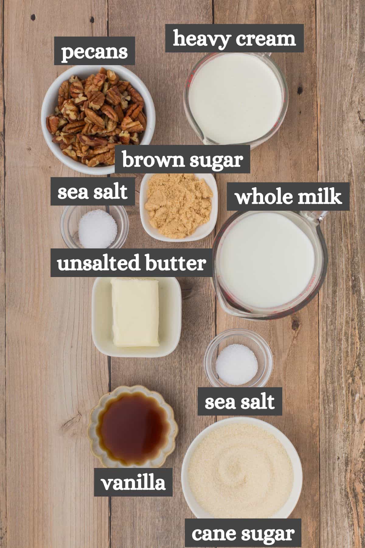 homemade butter pecan ice cream recipe ingredients lined out on a wooden countertop