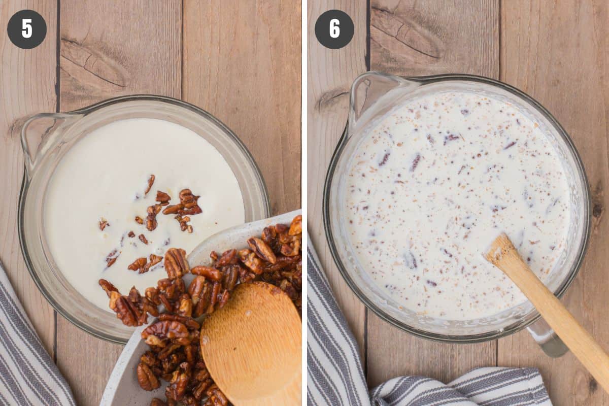 2 step photo collage showing how to mix up southern butter pecan ice cream in a small glass measuring cup