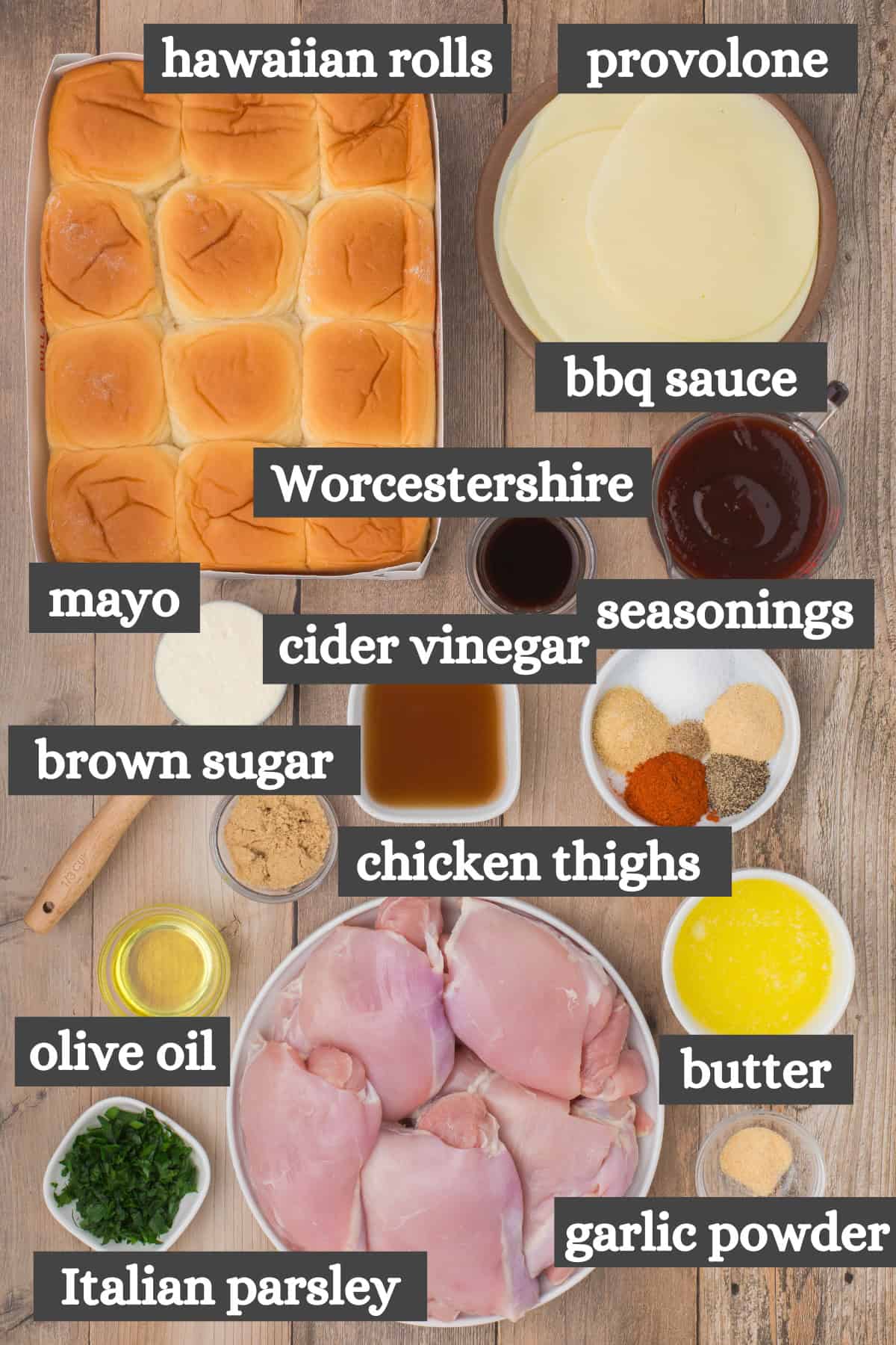 bbq chicken sliders ingredients on wood countertop