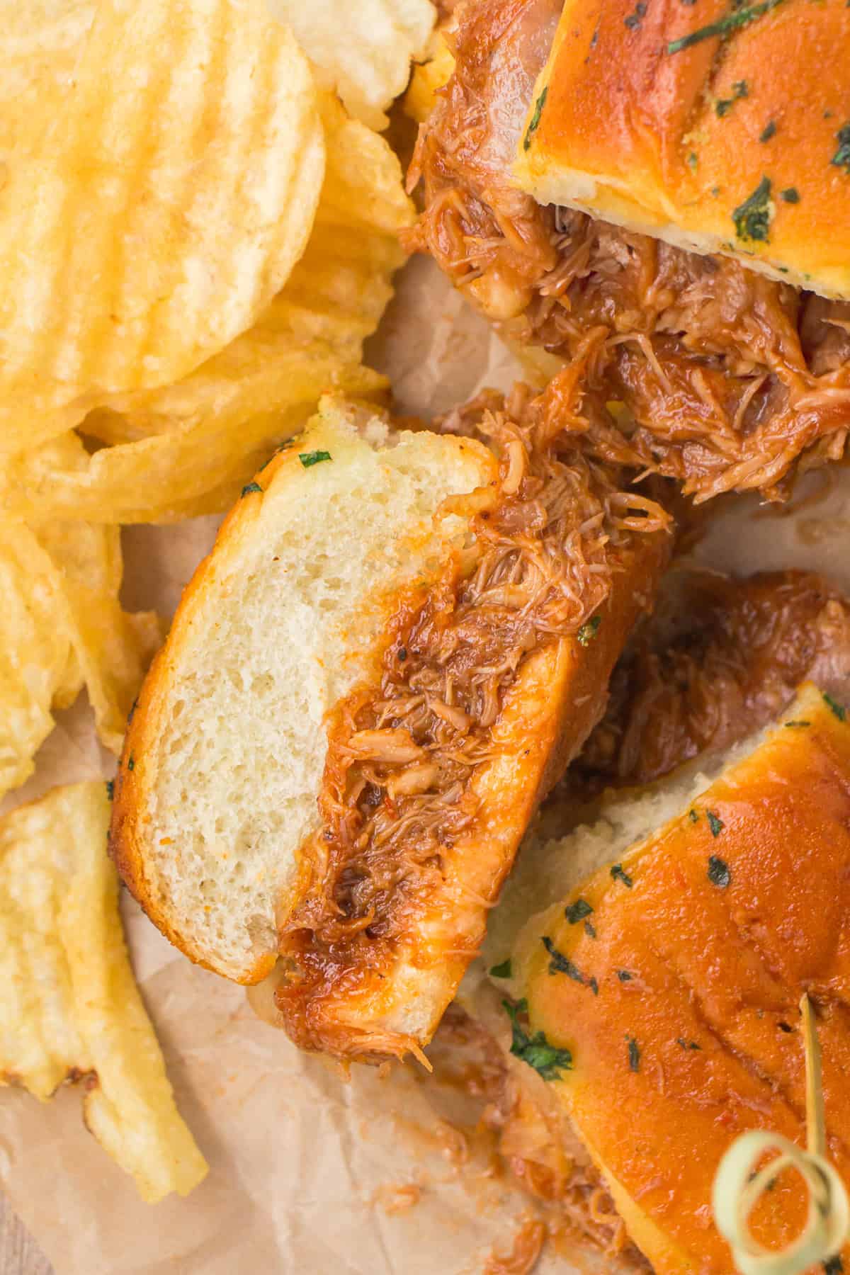 CrockPot bbq chicken sliders with potato chips