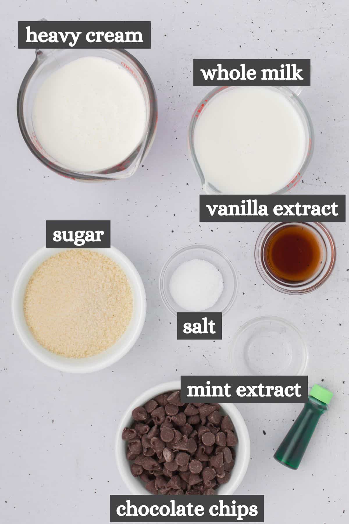 homemade mint chocolate chip ice cream recipe ingredients lined out on a white countertop