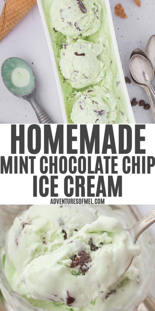 2 photo pin showing, top: homemade mint chocolate chip ice cream in a white rectangular ice cream tub; bottom: mint chocolate chip ice cream scooped into a small glass ramekin dish for serving