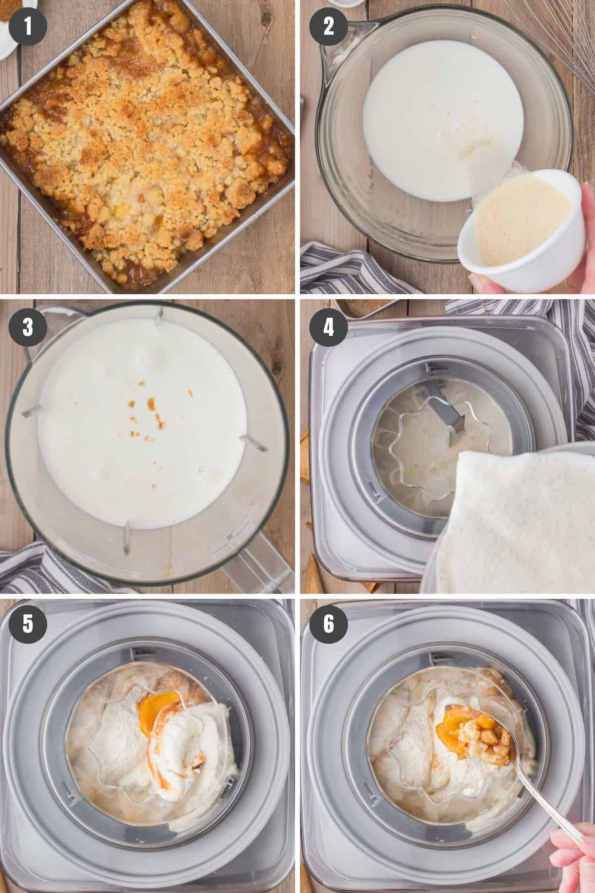 6 step photo collage showing how to make churned peach cobbler ice cream