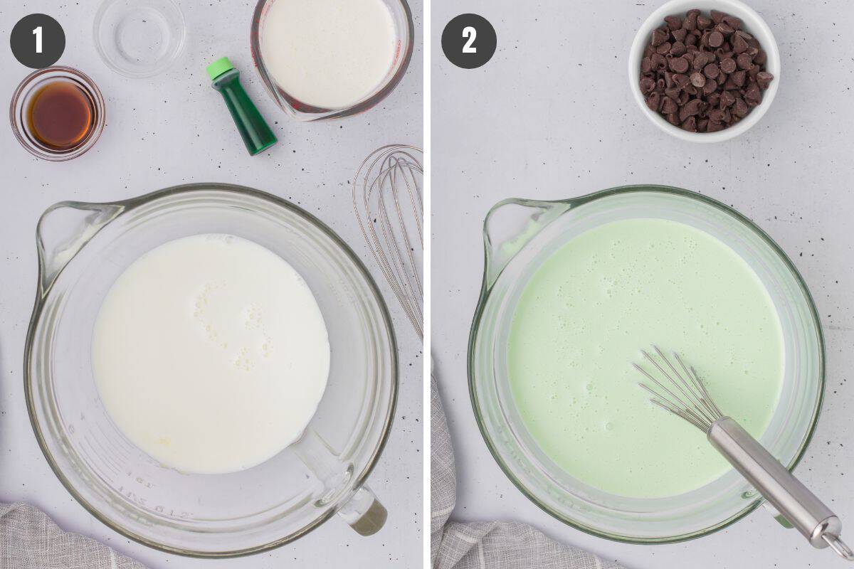 2 step collage showing how to make the no cook ice cream base for eggless mint chocolate chip ice cream
