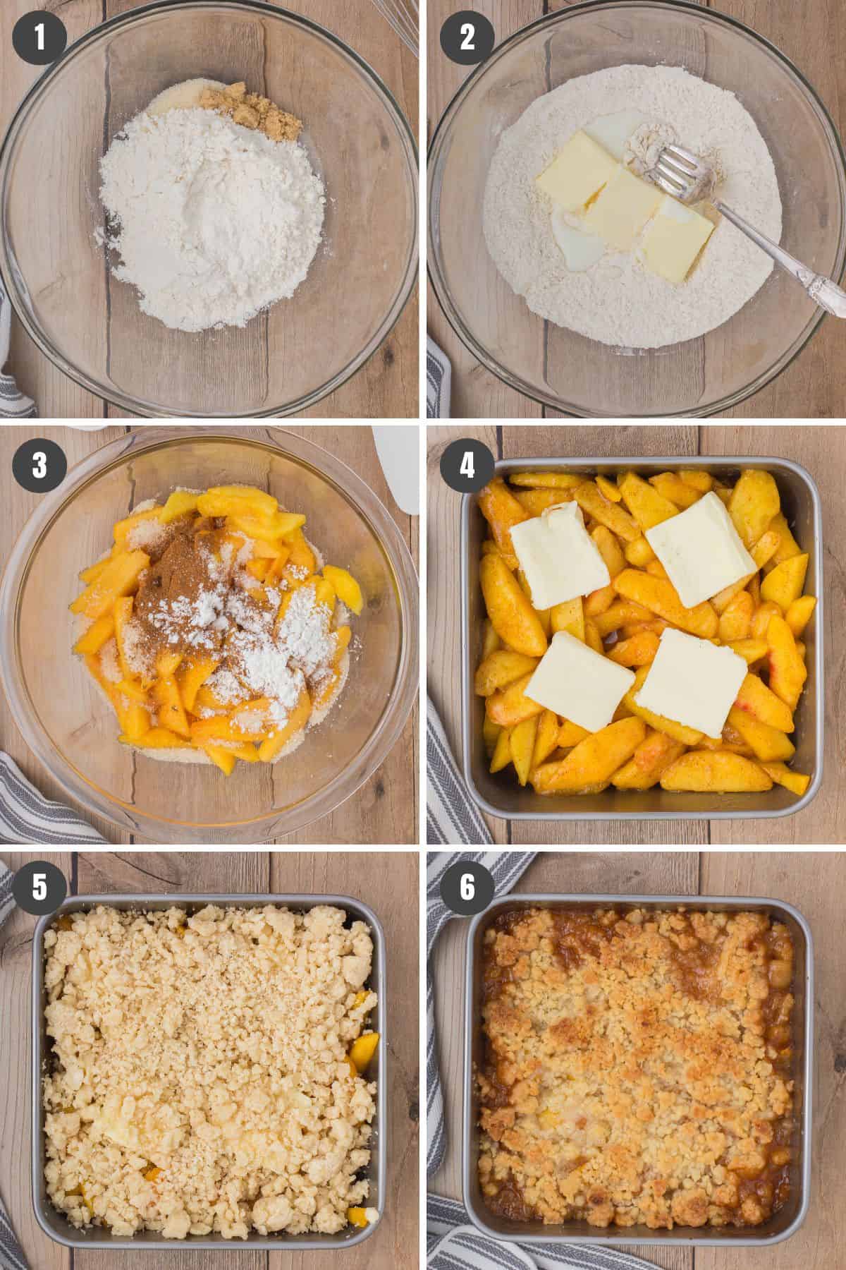 6 step photo collage showing how to make the peach cobbler for peach cobbler ice cream