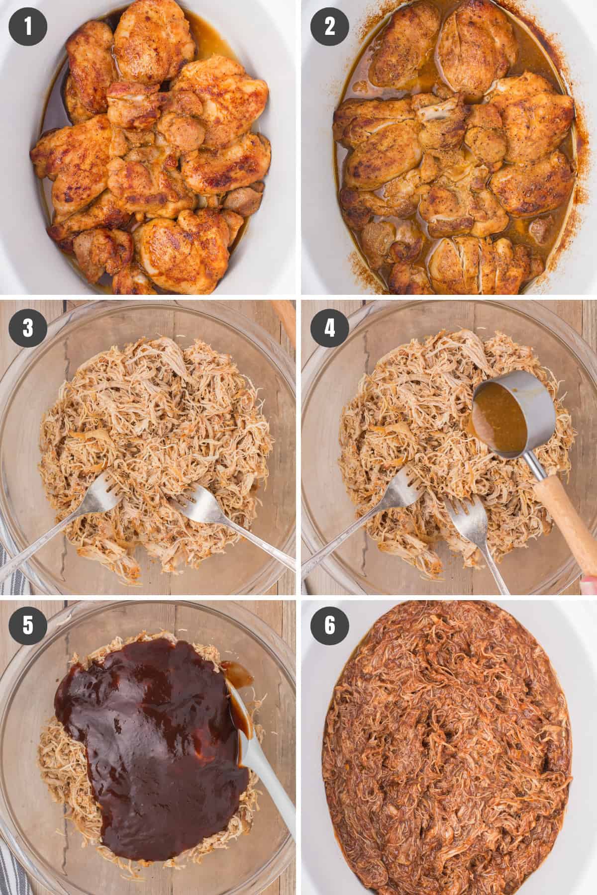 steps for how to make slow cooker bbq chicken by cooking, shredding, and mixing with bbq sauce