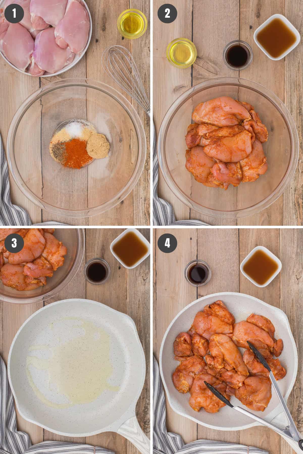 spices and seasonings in glass bowl and steps for how to toss and sear chicken thighs for barbecue chicken sliders