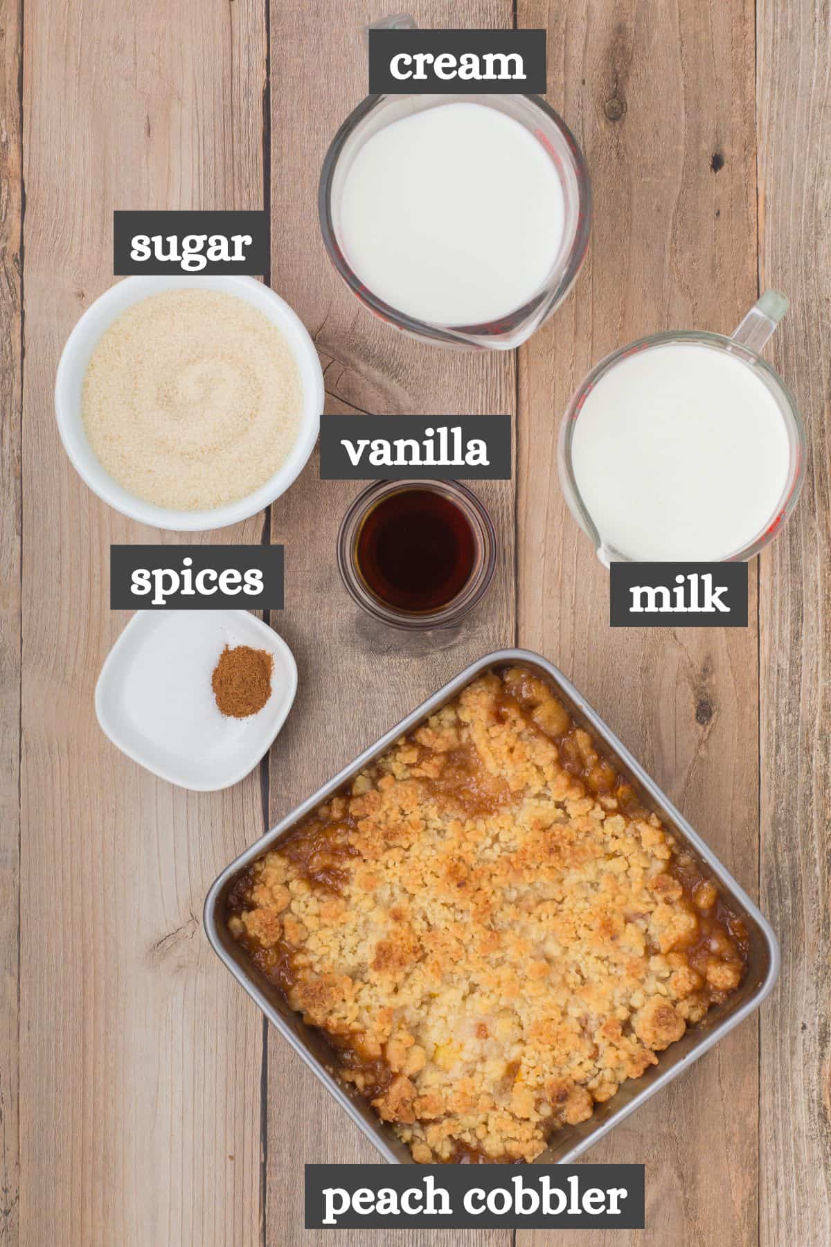 peach cobbler ice cream ingredients lined out on a brown wooden countertop