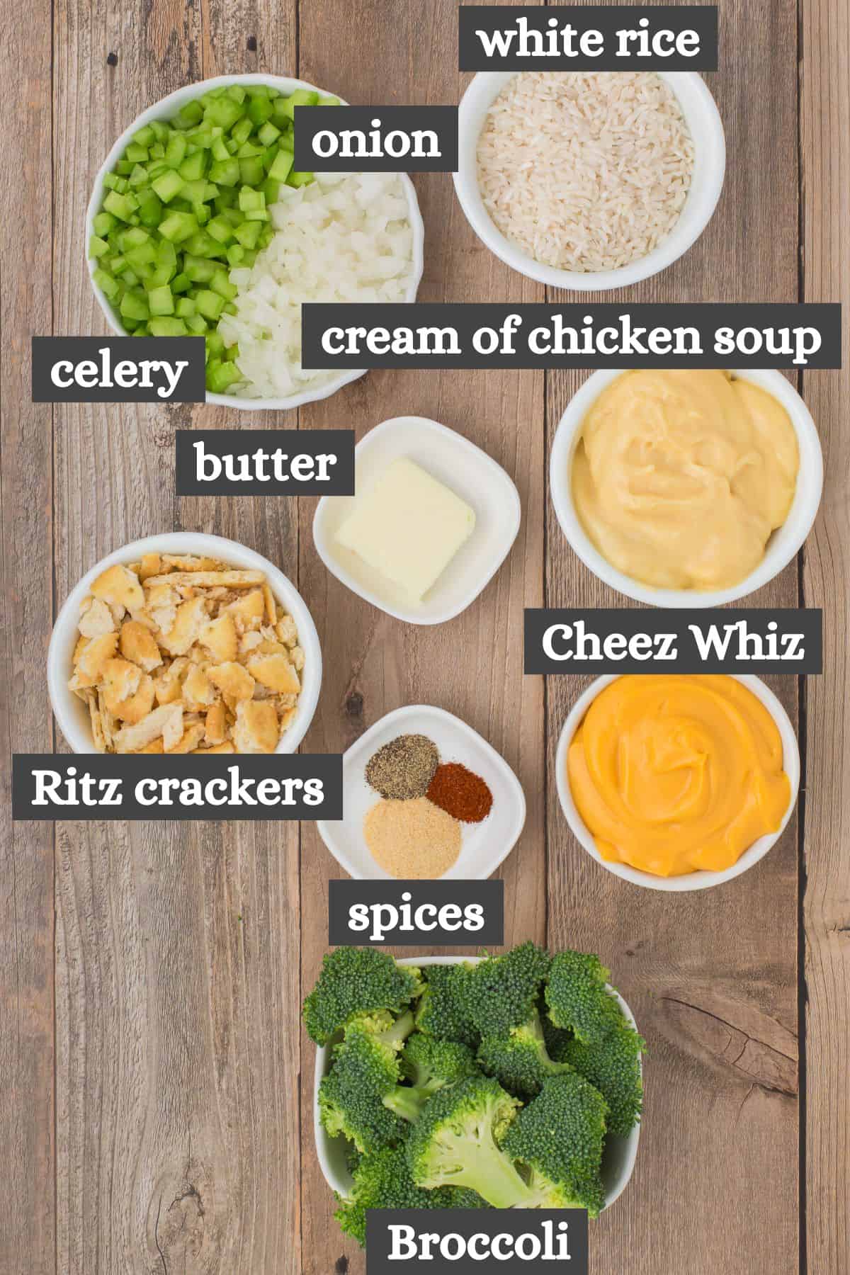 broccoli cheese rice casserole ingredients lined out on a wooden countertop