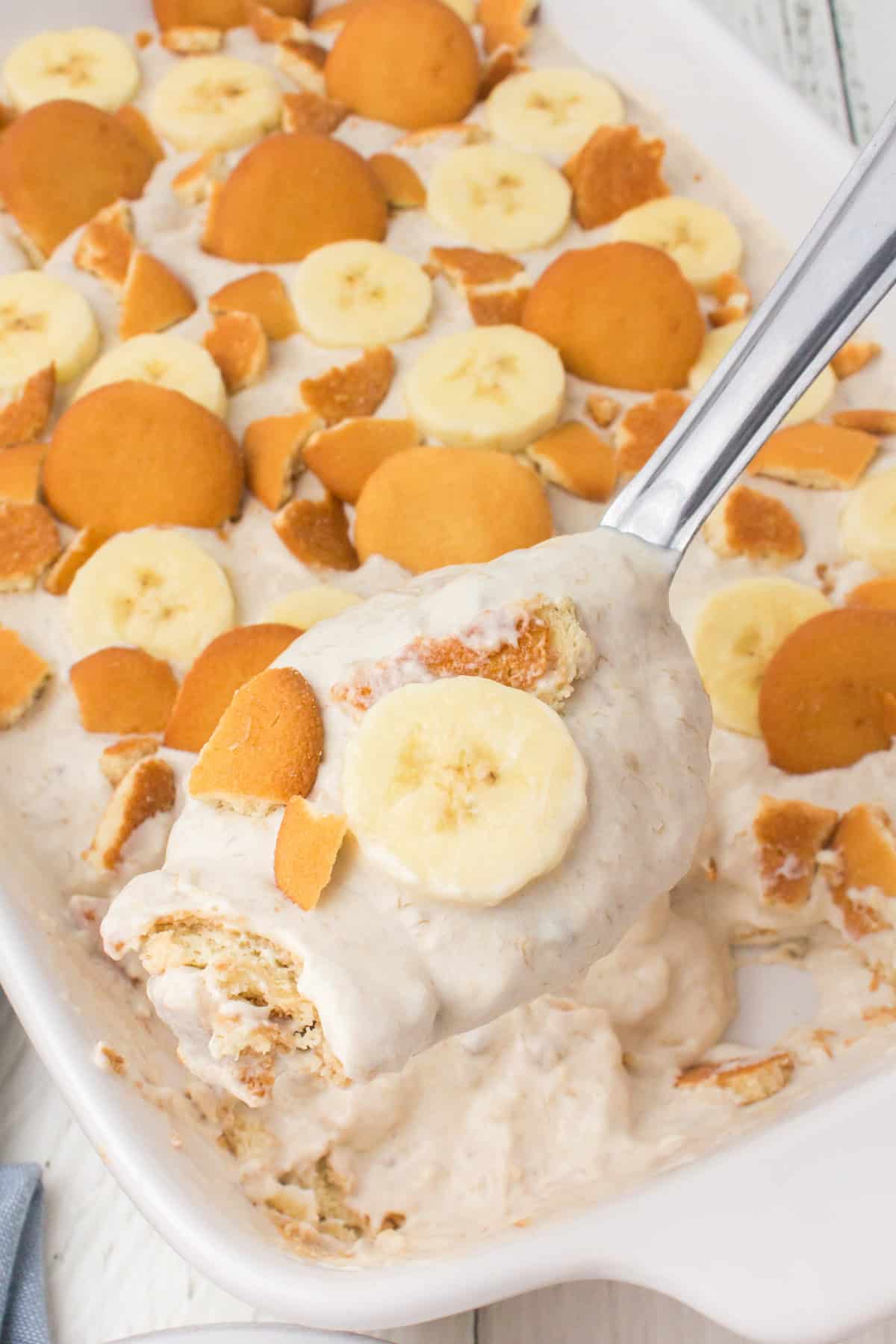 overhead shot showing a spoonful of no bake banana pudding