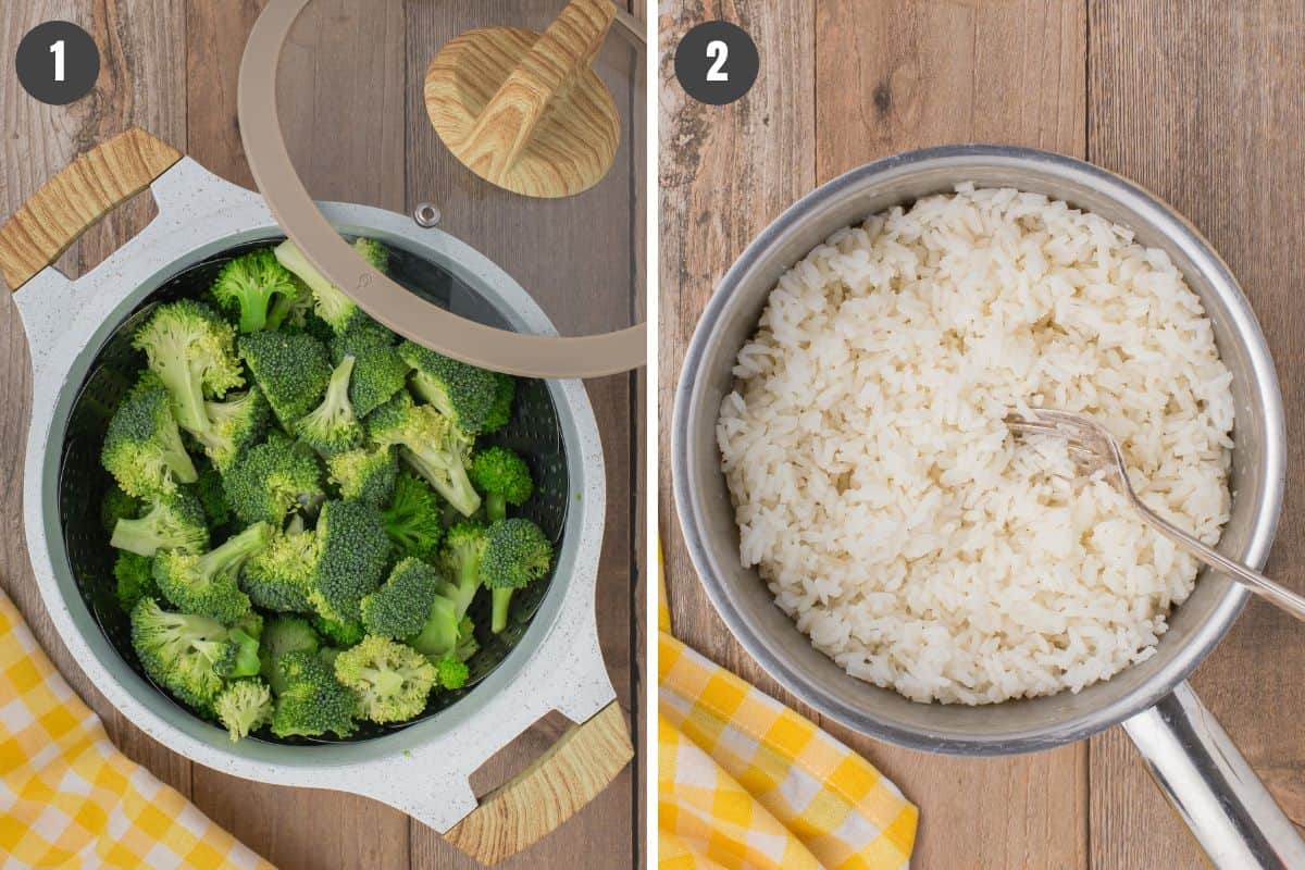 2 step photo collage showing how to steam the broccoli and rice to make broccoli cheese rice casserole