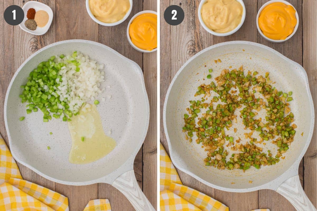 2 photo collage showing how to make broccoli and cheese rice casserole