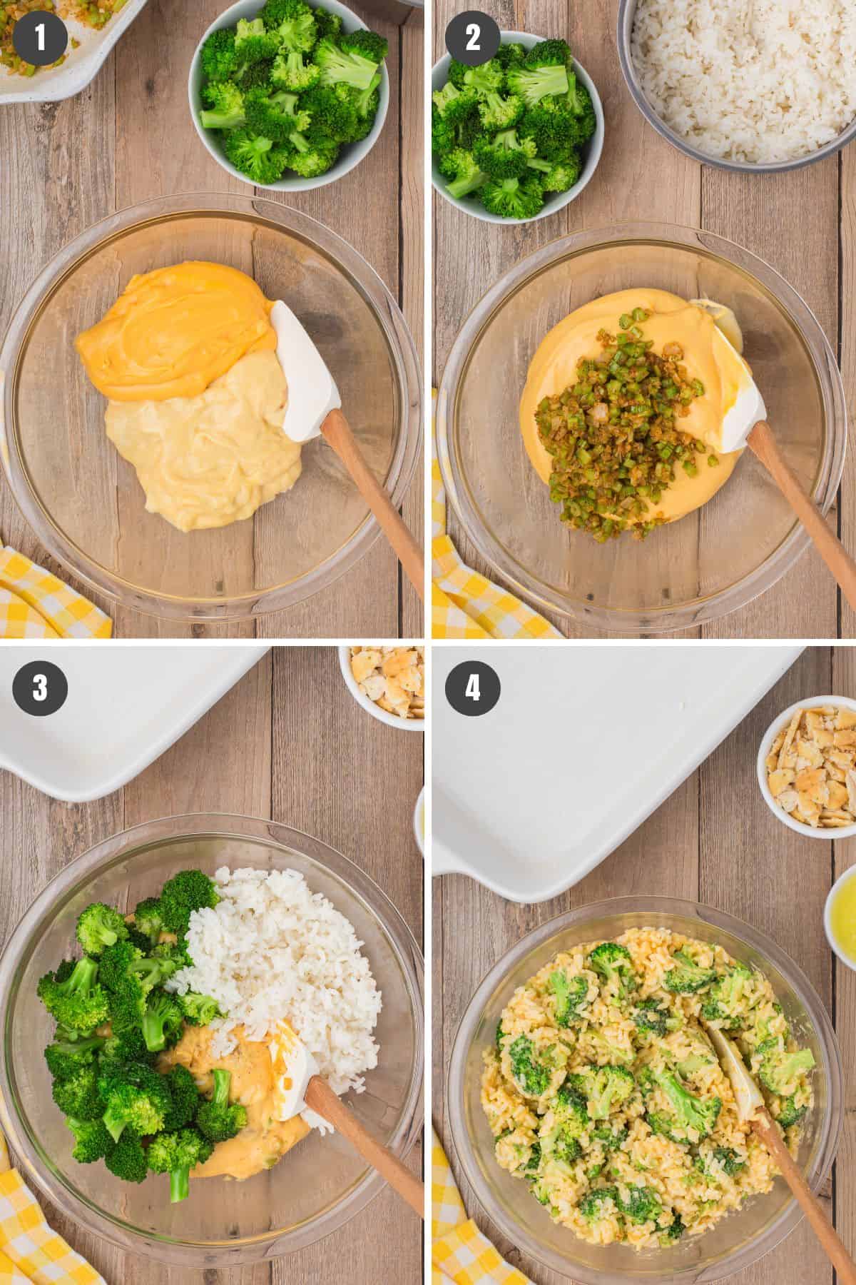 4 step photo collage showing how to make cheesy broccoli rice casserole filling