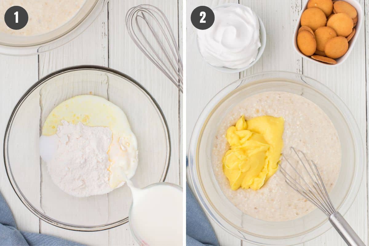 2 step photo collage showing how to make the instant vanilla pudding for no bake banana pudding