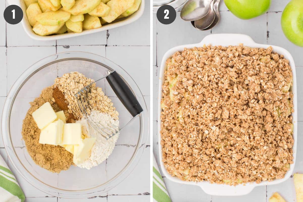 2 step photo collage showing how to make homemade apple crisp recipe