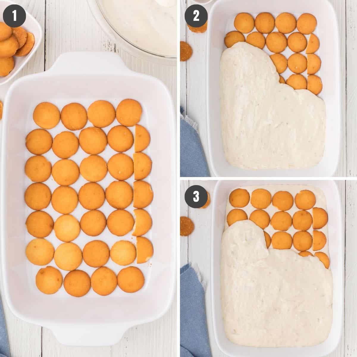 3 step photo collage showing how to layer no bake banana pudding in a white 9x13 casserole dish