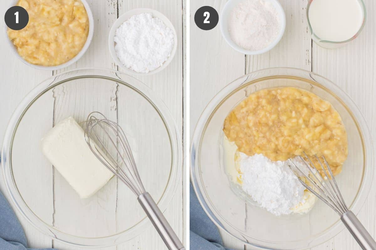 2 step photo pin showing how to make the cream cheese filling for no bake banana pudding in a large glass mixing bowl