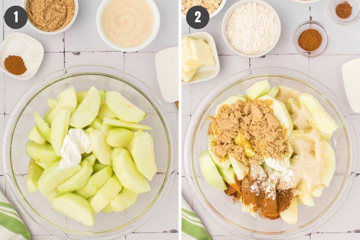 2 step photo collage showing how to make old-fashioned apple crisp