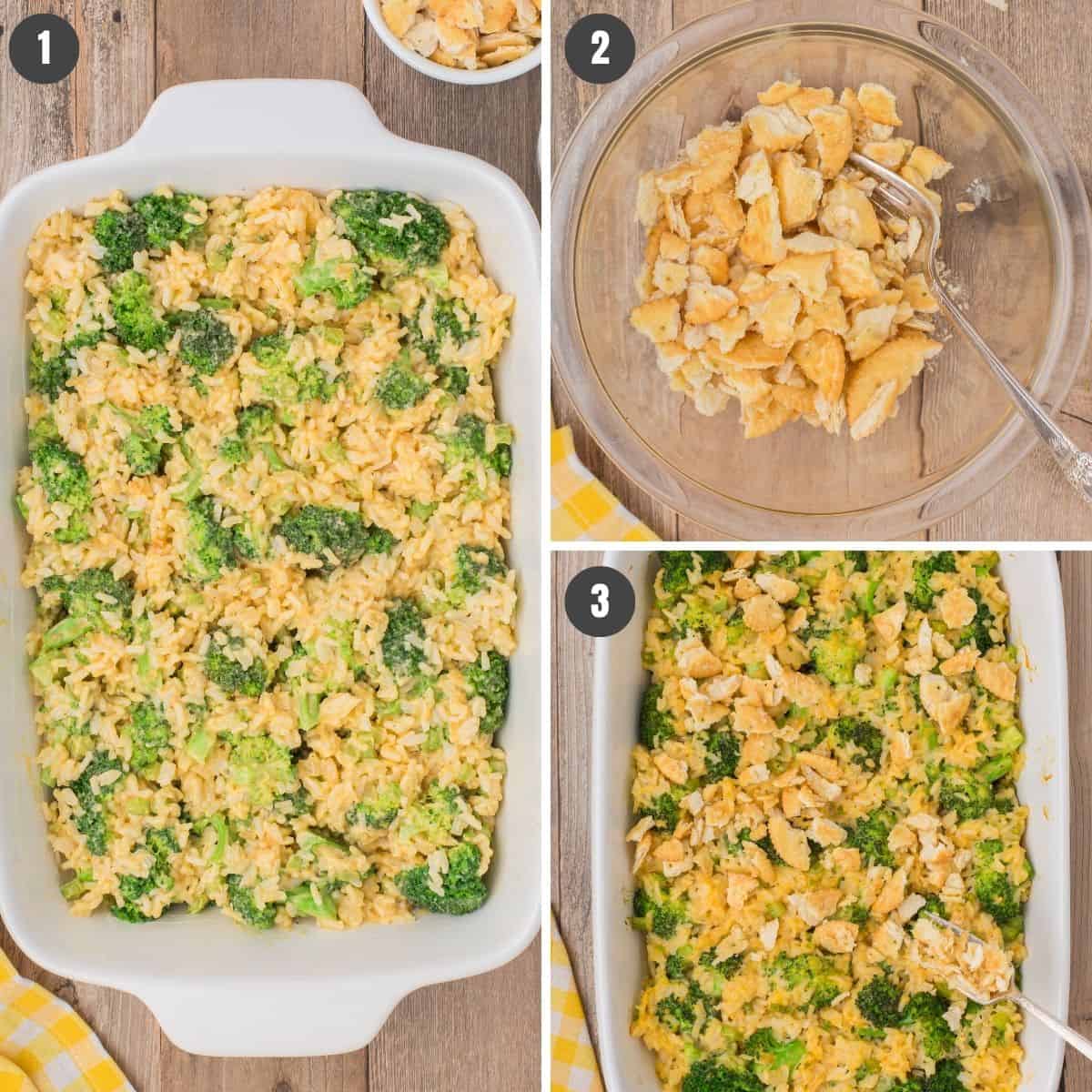 3 step photo collage showing how to make southern broccoli cheese rice casserole with a buttery Ritz cracker topping