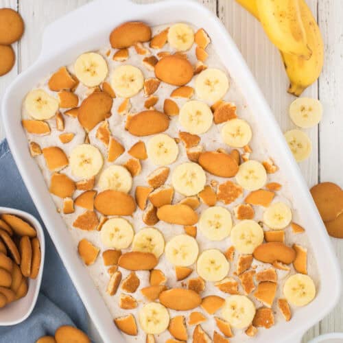 overhead shot showing no bake banana pudding in a white 9x13 casserole dish