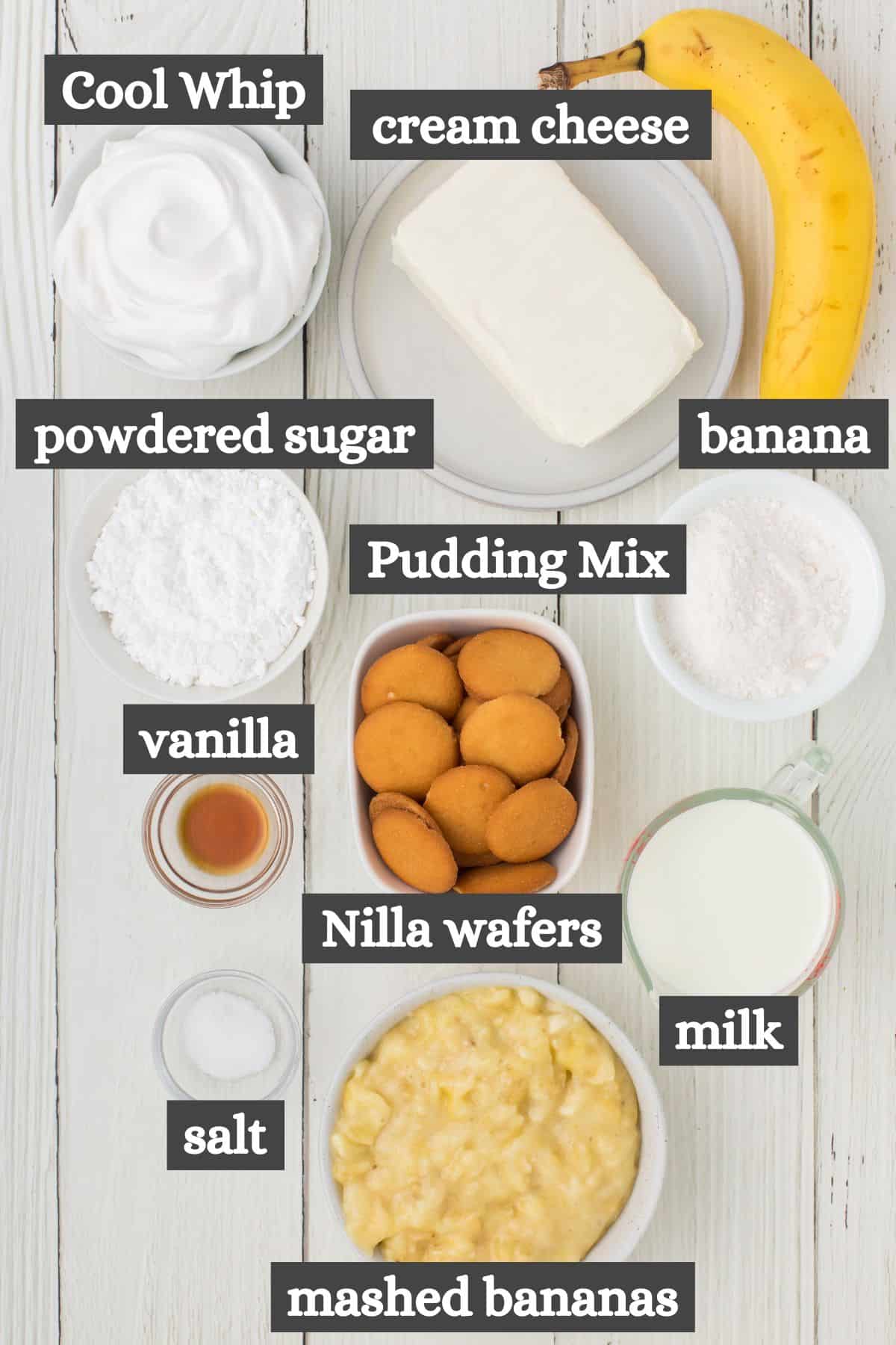 no bake banana pudding ingredients lined out on a white countertop