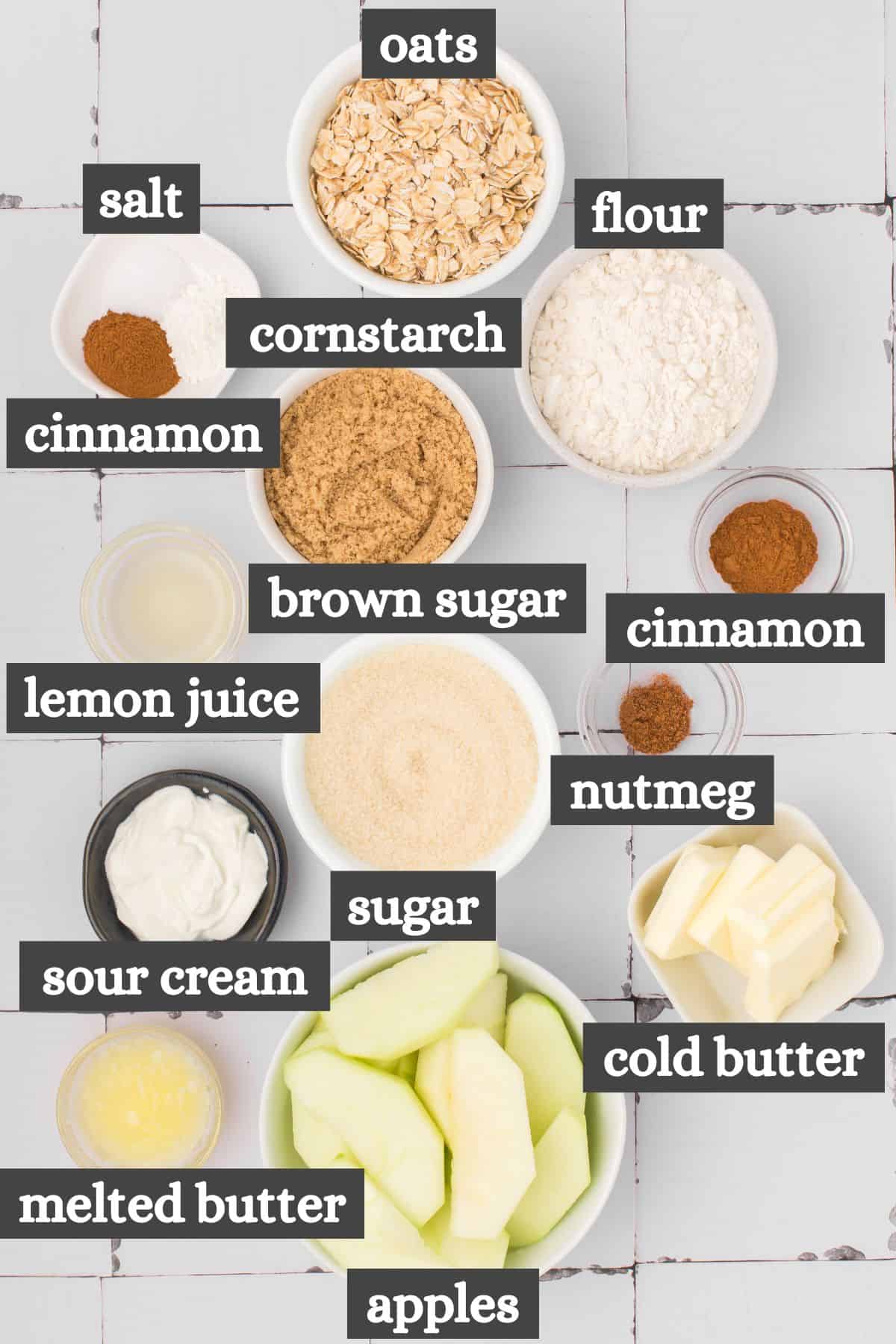 old fashioned apple crisp ingredients lined out on a white countertop
