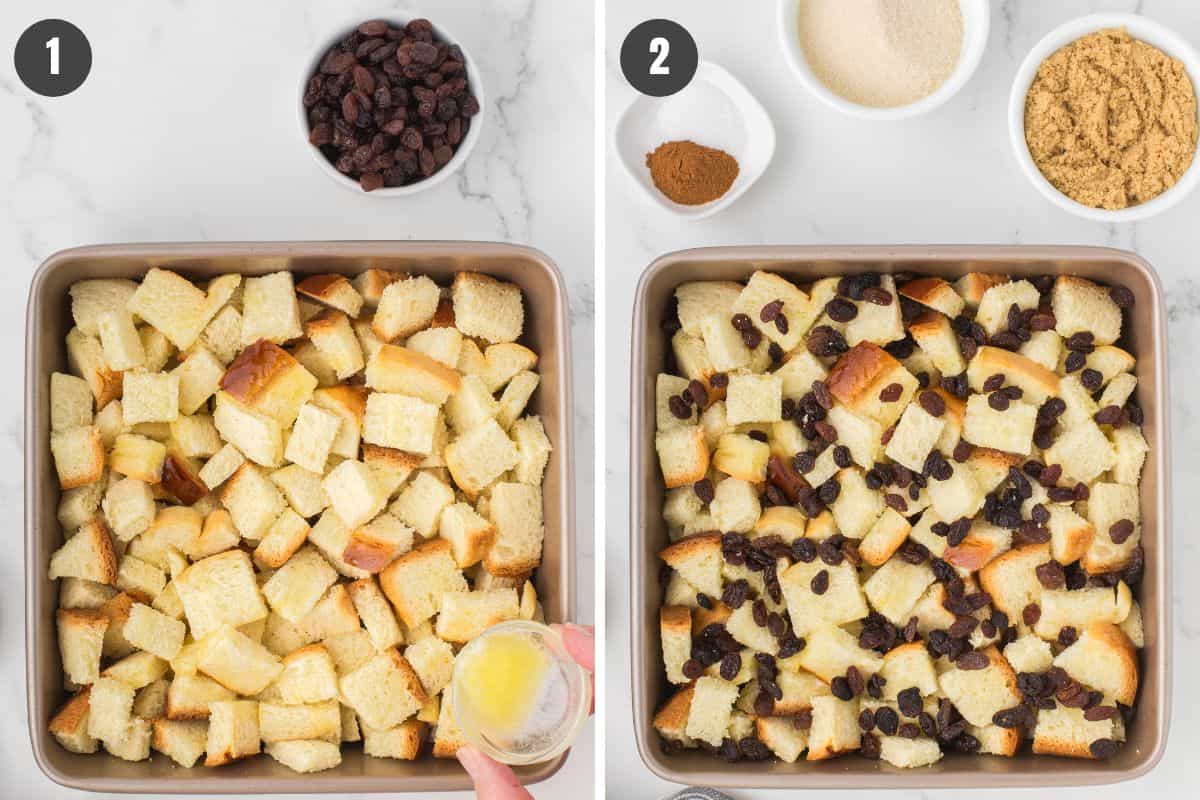 2 step instructional photo showing how to make old fashioned bread pudding with cinnamon and raisins