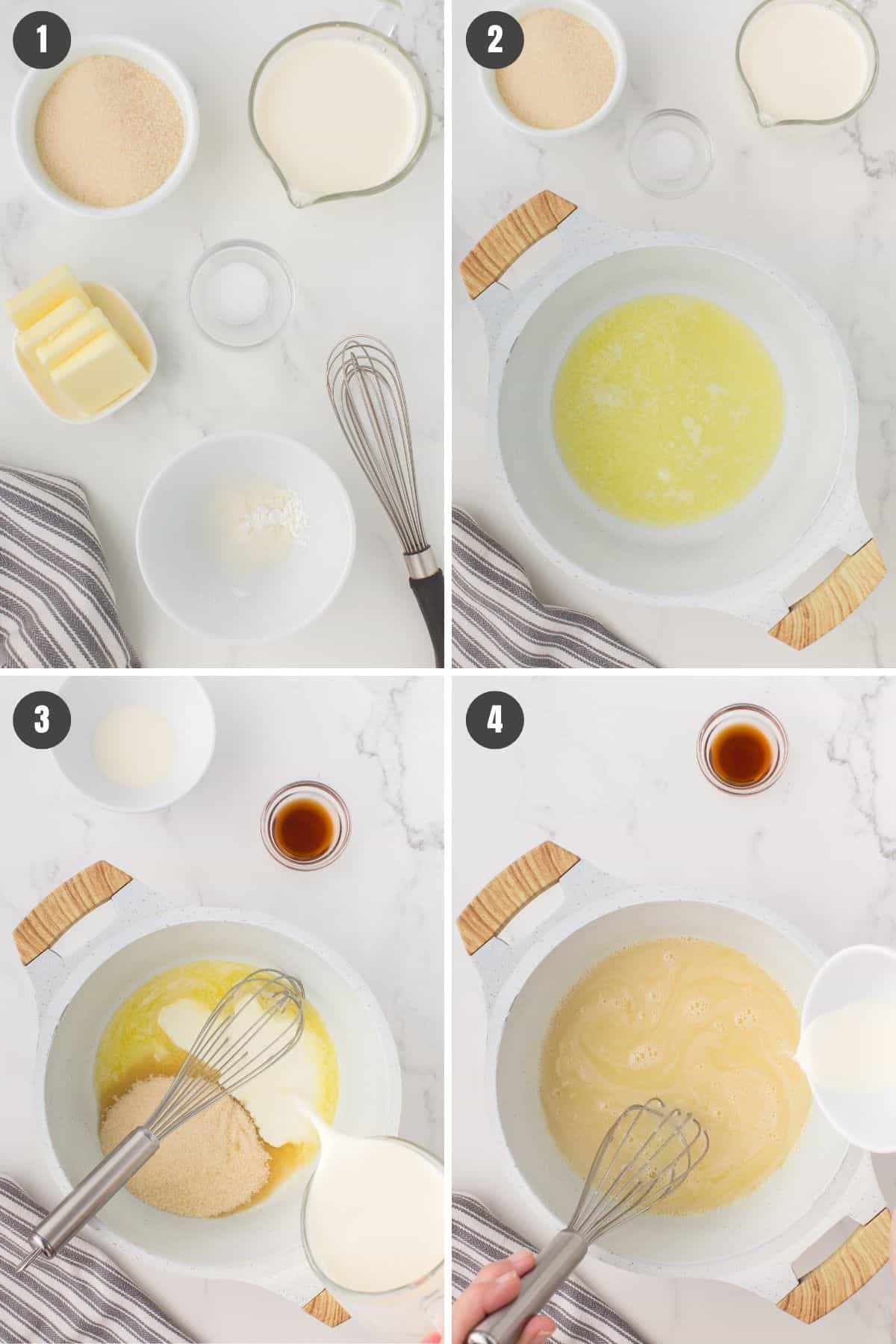 4 step instructional photo showing how to make warm vanilla sauce for bread pudding
