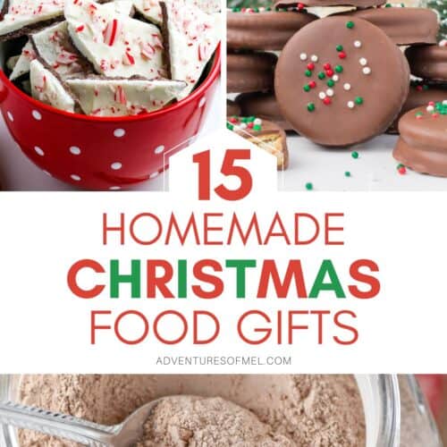 3-step photo collage showing, top left: chocolate peppermint bark; top right: chocolate covered Ritz crackers with peanut butter; bottom: homemade hot chocolate mix in a large glass jar