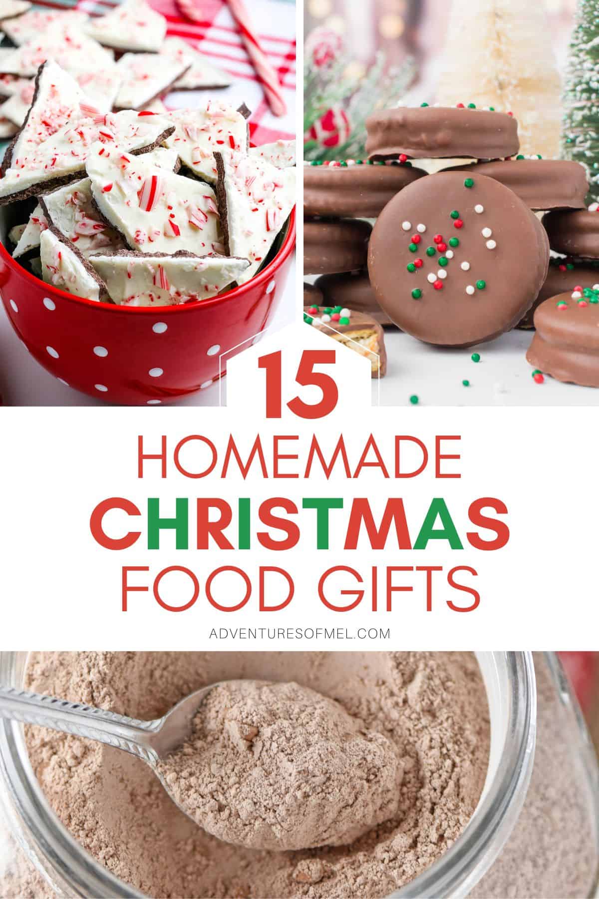 3-step photo collage showing, top left: chocolate peppermint bark; top right: chocolate covered Ritz crackers with peanut butter; bottom: homemade hot chocolate mix in a large glass jar
