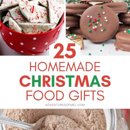 3-step photo collage showing, top left: chocolate peppermint bark; top right: chocolate covered Ritz crackers with peanut butter; bottom: homemade hot chocolate mix in a large glass jar