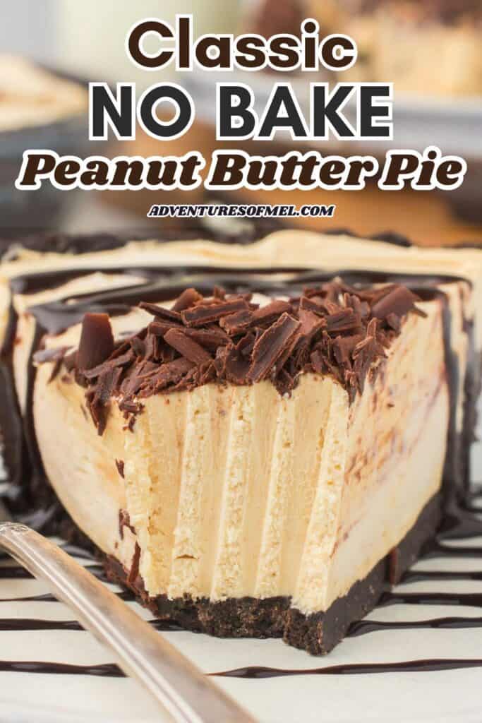 wedged slice of classic no bake peanut butter pie drizzled with chocolate syrup and garnished with chocolate shavings on a small plate