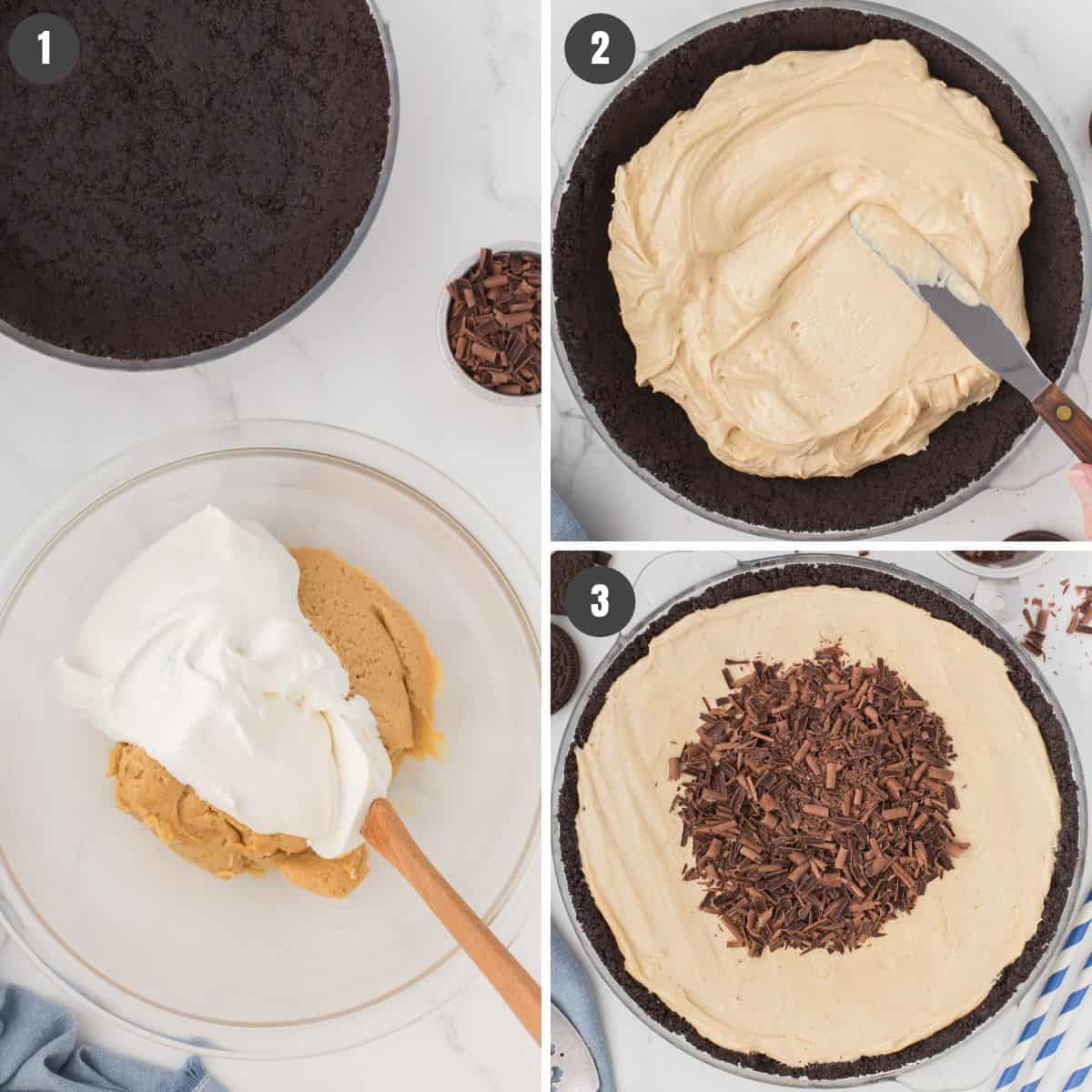 3-step instructions showing how to fold the whipped cream into the peanut butter pie filling and then how to assemble the no bake peanut butter pie with chocolate shavings on top as a garnish