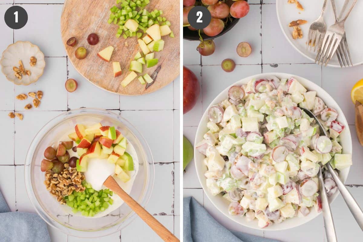 2-step instruction photo showing how to mix up Waldorf salad in a glass mixing bowl
