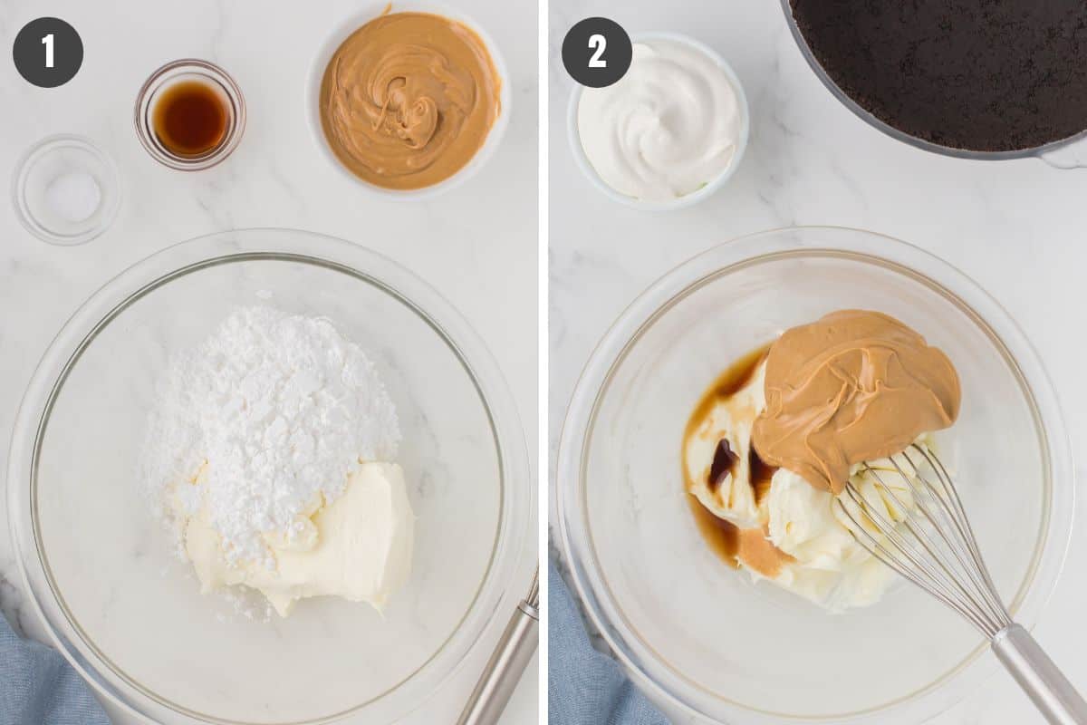 2-step instructions showing how to mix up the creamy no bake peanut butter pie filling in a large mixing bowl